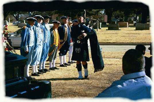 Son Daniel and General William J. Worth Chapter No. 463, The National Sojourners  Look on At Bagpiper  Walking Backwards then fades into the distance, being symbolic   of the spirit going home.  Truly a majestic and moving moment during the service.