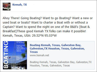 Ahoy
                  There! Going Boating? Want to go Boating? Want a new
                  or used boat or boats? These good Kemah TX folks can
                  make it possible! Kemah, Texas, USA: