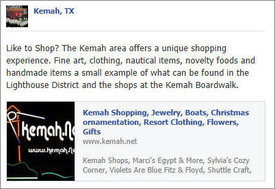 Like to Shop? The Kemah area offers a unique
                  shopping experience. Fine art, clothing, nautical
                  items, novelty foods and hand made items are a small
                  example of what can be found