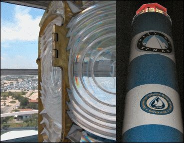 And you thought that was just
                a Lighthouse. NOT! It's WCID 12's fancy most colorful
                functioning lighthouse with a real Fresnel lens (light)
                on top and a water tank below holding the watersupply
                for Kemah!.