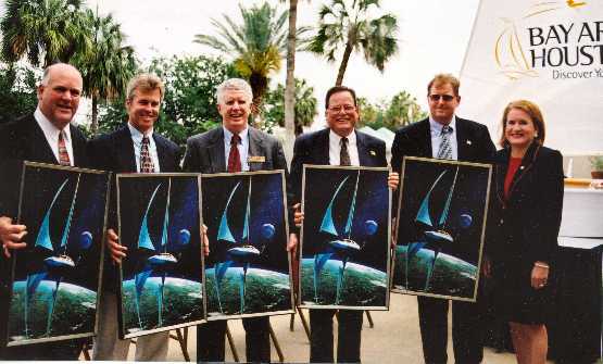 Bay Area Houston Economic Partnership A new name for an old friend C.L.E.D.F shown here holding up commeritive art work by *Pat Rawlings. l-r Galveston County Judge Jim Yarborough,Kemah Mayor Pro Tem Greg Collins, Friendswood Mayor Kim Brzendine, League City Mayor Jeff Harrison, Galveston County Commissioner Ken Clark  and Harris County Commisioner Sylvia Garcia